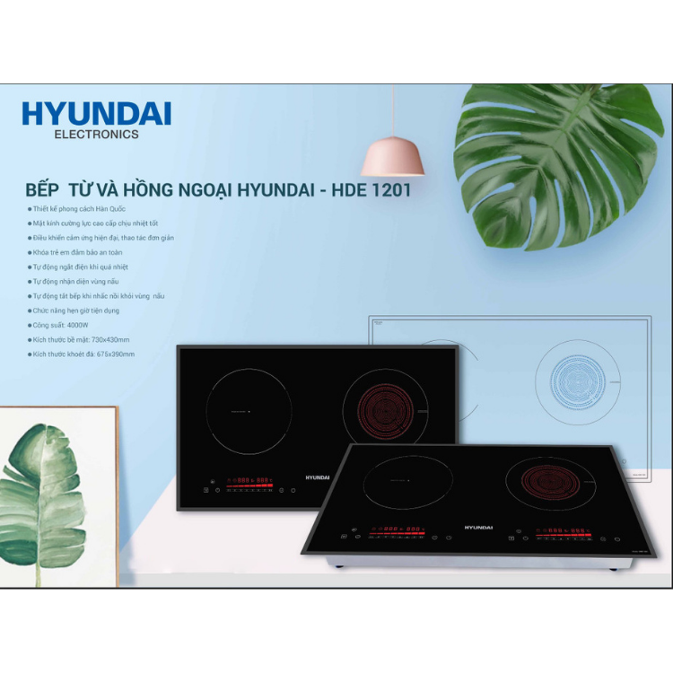Bếp đôi 1 từ , 1 hồng ngoại Hyundai HDE 1201 - Bảo hành chính hãng 12 tháng