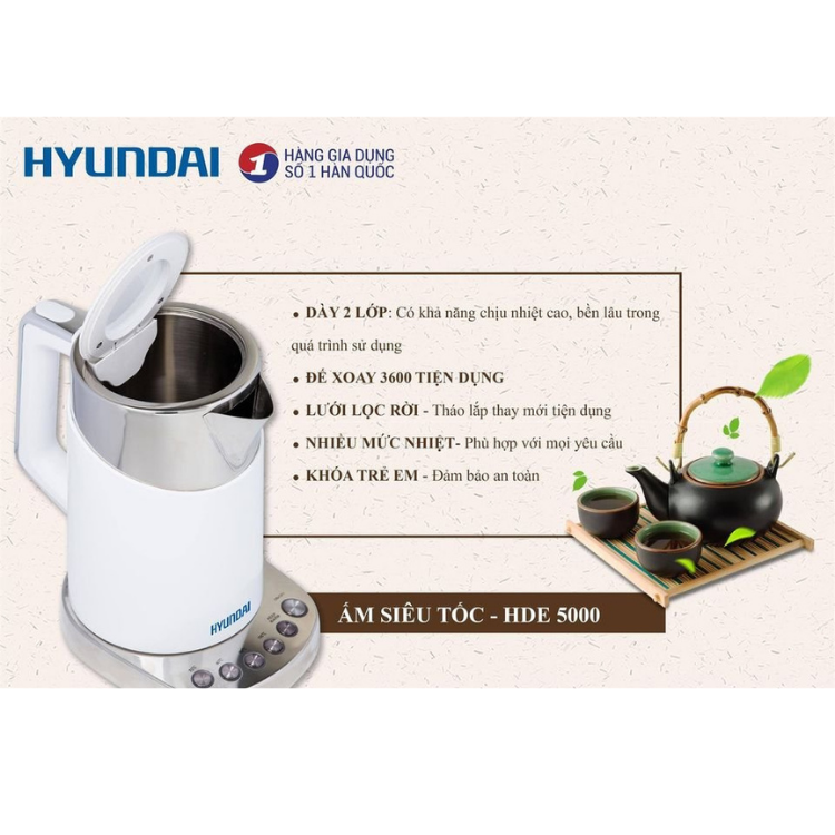 Ấm siêu tốc Hyundai HDE 5000W 1.7L - Bảo hành chính hãng 12 tháng