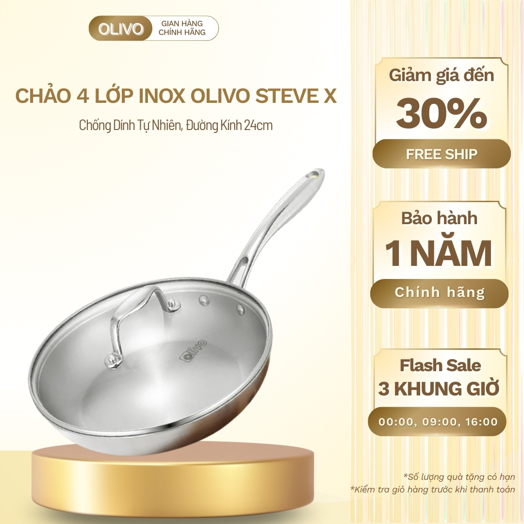 CHẢO 4 LỚP INOX OLIVO STEVE X - Chống Dính Tự Nhiên, Đường Kính 24cm – Nấu Được Trên Mọi Loại Bếp