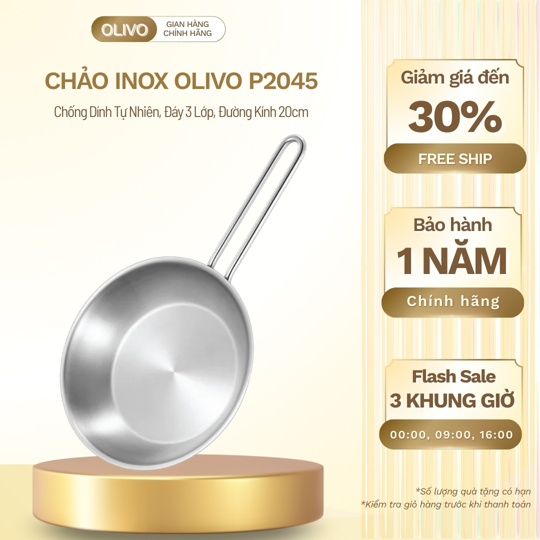 CHẢO INOX OLIVO P2045 – Chống Dính Tự Nhiên, Đáy 3 Lớp, Đường Kính 20cm, Nấu Được Trên Mọi Loại Bếp