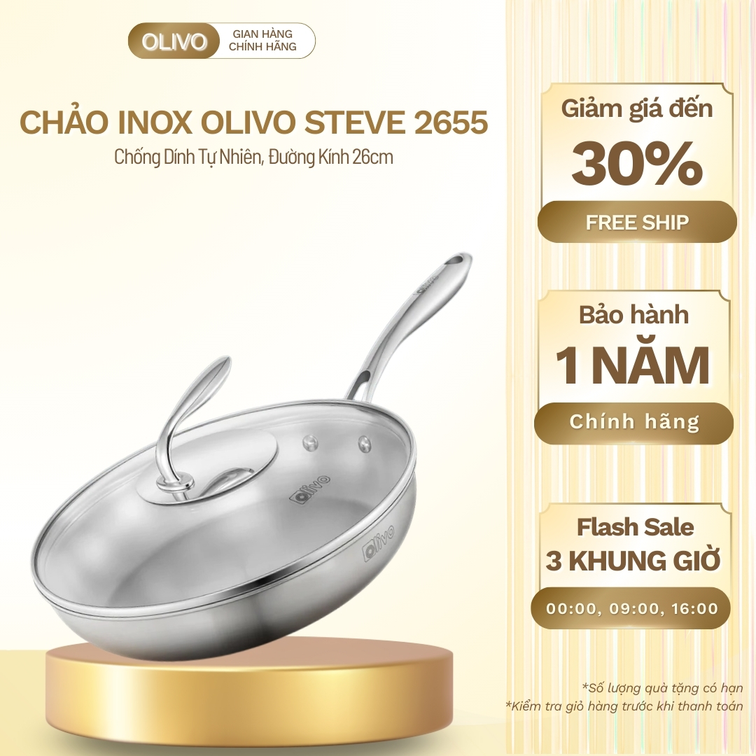 Chảo Inox OLIVO STEVE 2655 – Chống Dính Tự Nhiên, Đường Kính 26cm, Nấu Được Trên Mọi Loại Bếp