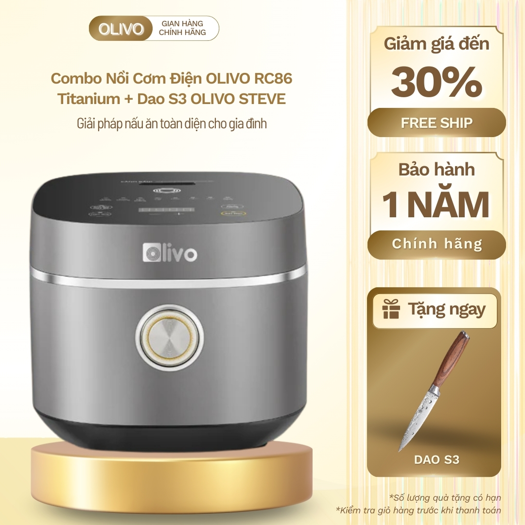 Combo Nồi Cơm Điện OLIVO RC86 Titanium + Dao S3 OLIVO STEVE, Giải pháp nấu ăn toàn diện cho gia đình