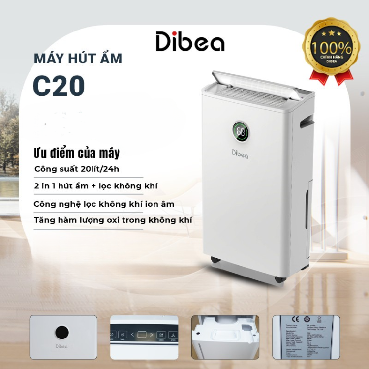 Máy hút ẩm Dibea C20 công suất 20 lít/ngày - Hàng chính hãng - Bảo hành 12 tháng