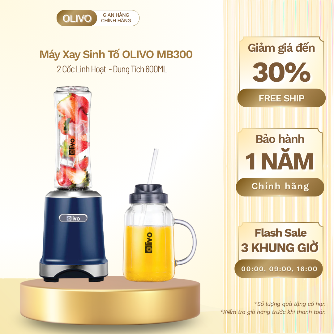 Máy Xay Sinh Tố OLIVO MB300 - 2 Cốc Linh Hoạt - Xay Đá Bào, Sinh Tố - Dung Tích 600ML