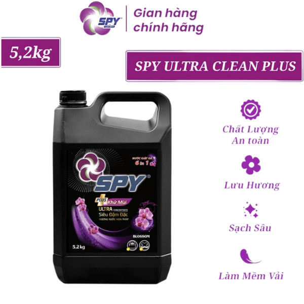 Nước Giặt Xả 6 Trong 1 SPY Plus Siêu Đậm Đặc Hương Tím, Sạch Sâu, Thơm Lâu, Can 5.2kg
