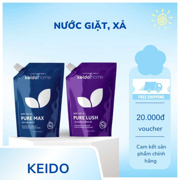 Nước Giặt Xả Thiên Nhiên Keido Túi 2L Tiện Lợi Pure Max + Pure Lush, Kháng Khuẩn 24h, Dịu Nhẹ, Sạch Sâu, Thơm Lâu