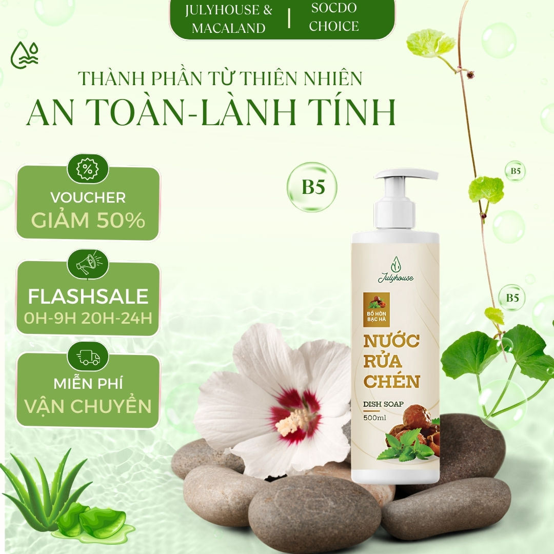 Nước rửa chén Julyhouse chiết xuất từ Bồ hòn và tinh dầu Bạc hà khử mùi, lành tính 500ml