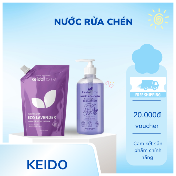 Nước rửa chén thiên nhiên KEIDO 500ml & 2000ml, hương oải hương, sạch dầu mỡ, khử mùi, dịu nhẹ da tay