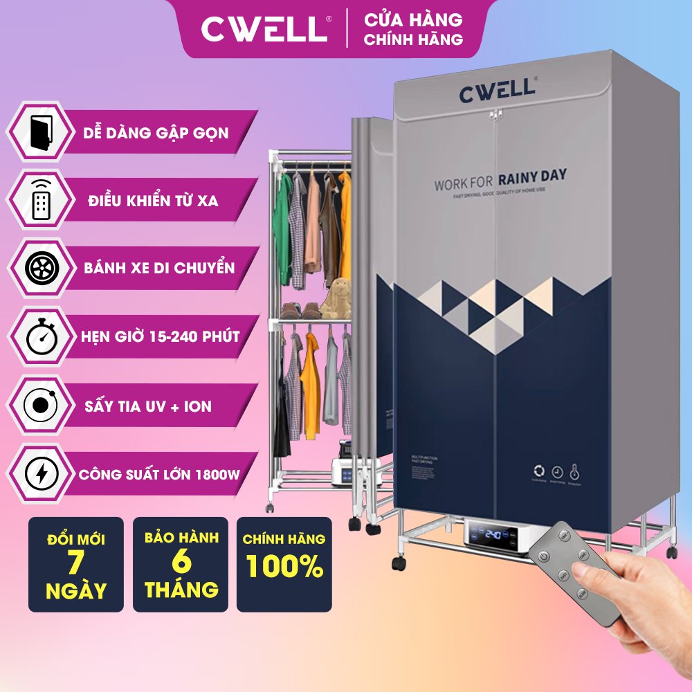 Tủ sấy quần áo, máy sấy quần áo đa năng gấp gọn cao 170cm, kiêm máy sưởi độc lập CWELL D23, công suất 1800W, thiết kế mới nhất 2023