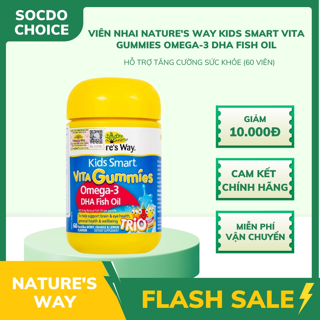 Viên nhai Nature's Way Kids Smart Vita Gummies Omega-3 DHA Fish Oil hỗ trợ tăng cường sức khỏe (60 viên)