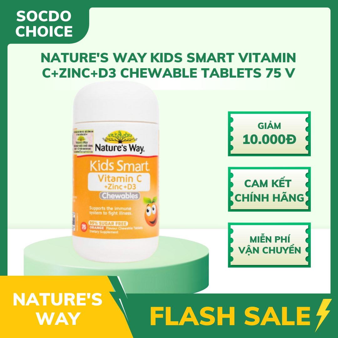 Viên nhai Vitamin C + Kẽm + D3 Nature's Way Kids Smart, hộp 75 viên, tăng miễn dịch, hỗ trợ trẻ em